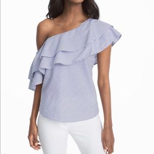 PETITE RUFFLED ONE-SHOULDER STRIPE POPLIN TOP